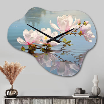 White Grey Magnolias Magnolia Reflections II - Asymmetric Metal Wall Clock